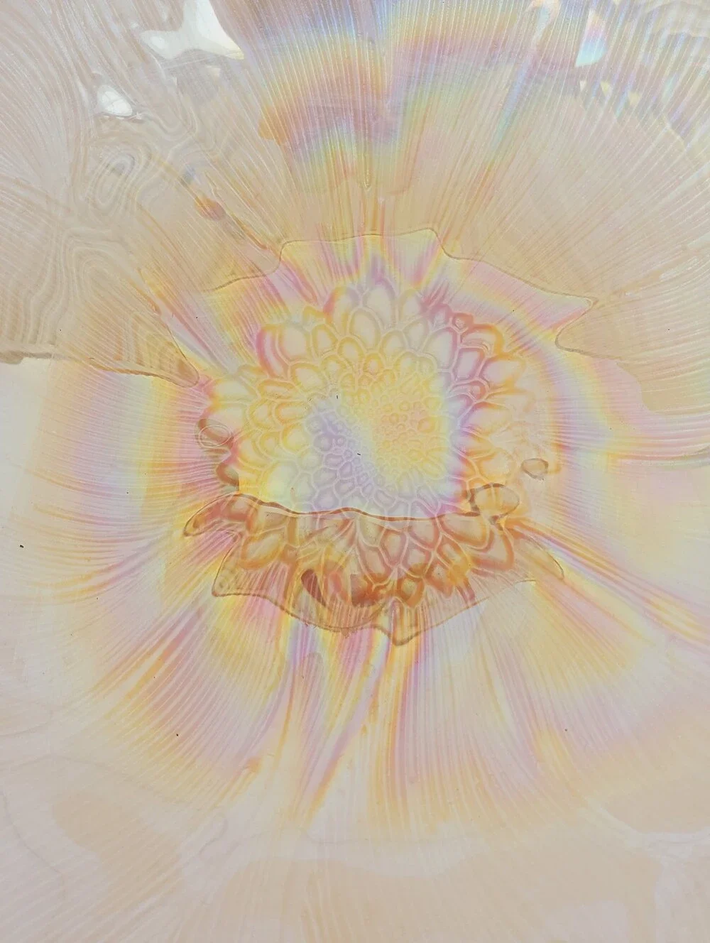 Vintage Iridescent Carnival Glass Bowl Marigold Ruffled Edge Floral 11”